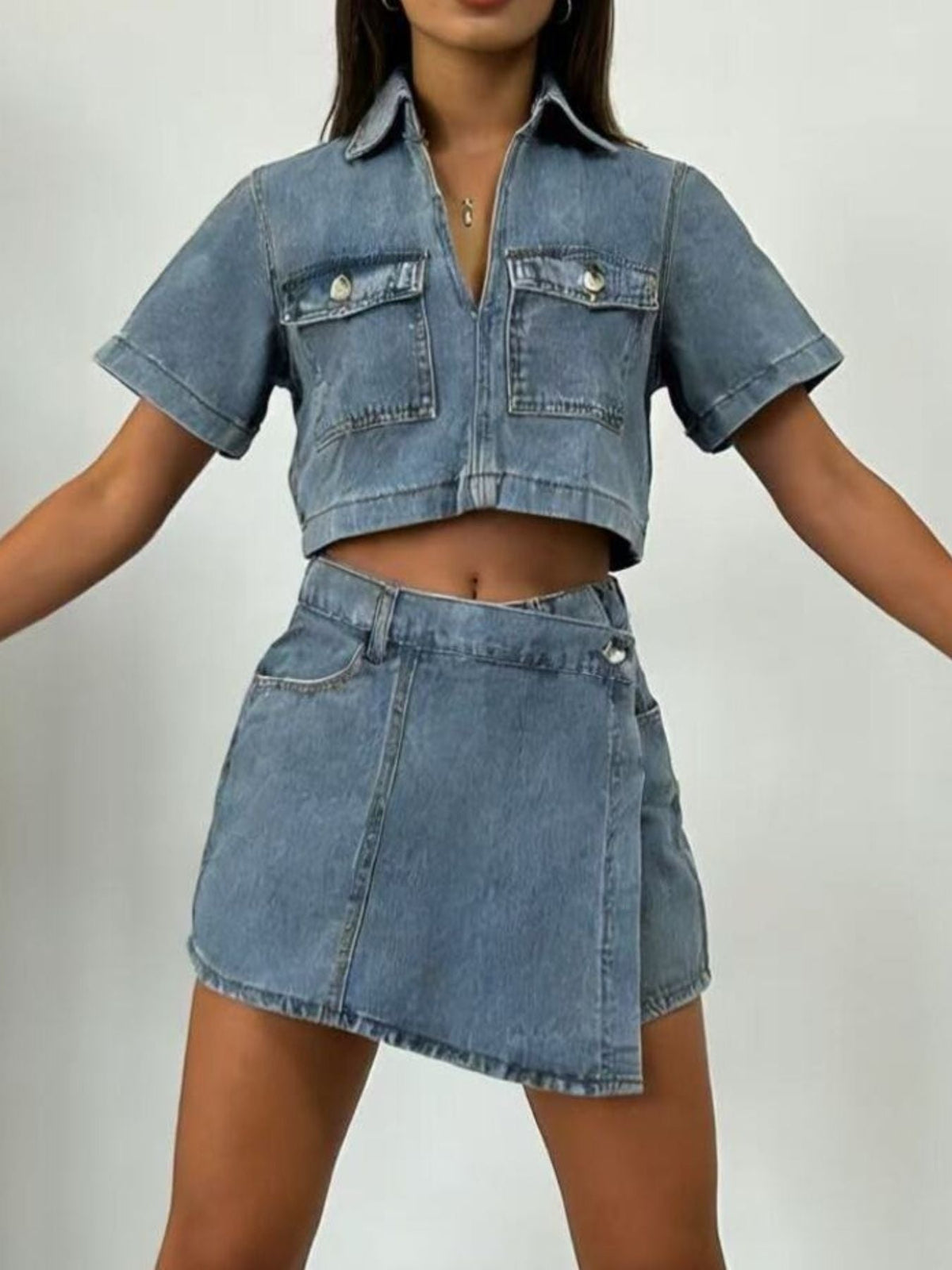 Short Sleeve Cropped Top and Skort Denim Set - Pretty Petty Co