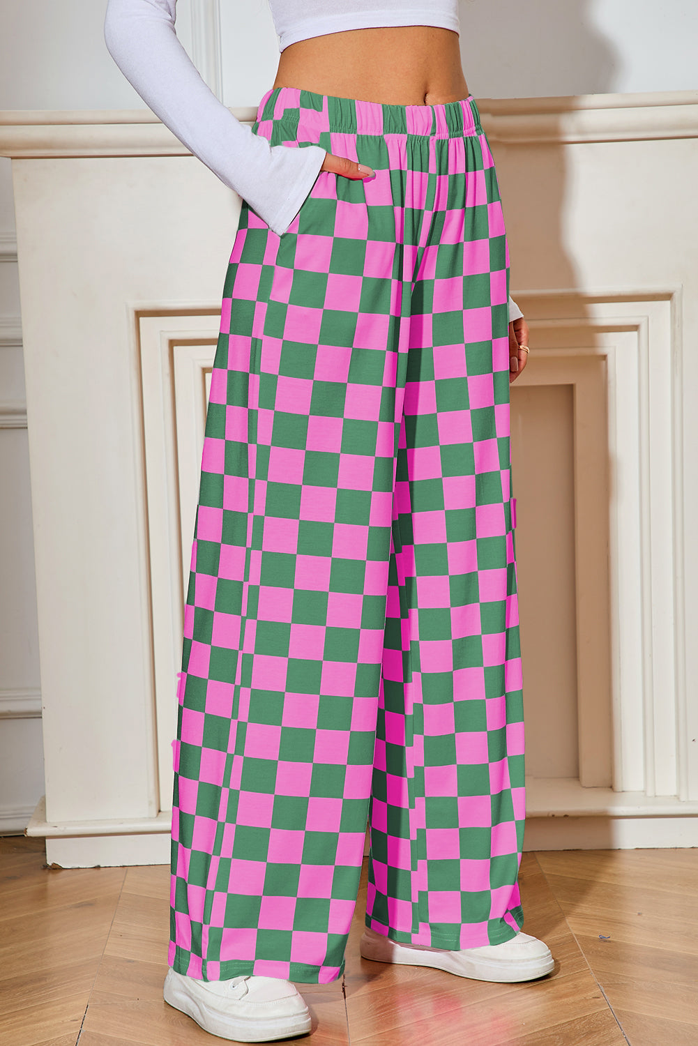Green Checkered Print High Waist Wide Leg Pants - Pretty Petty Co