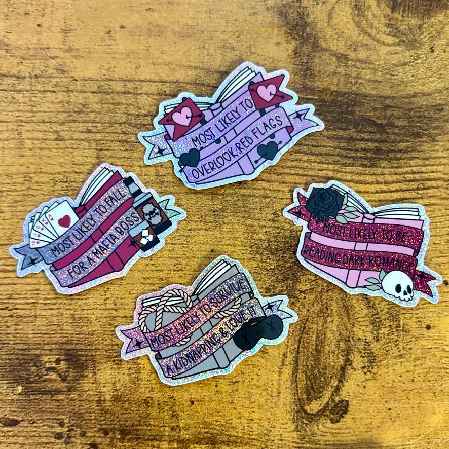 Dark Romance Tropes Books Mini Sticker Bundle - Crushed Glitter Finish - 4 Stickers - Pretty Petty Co