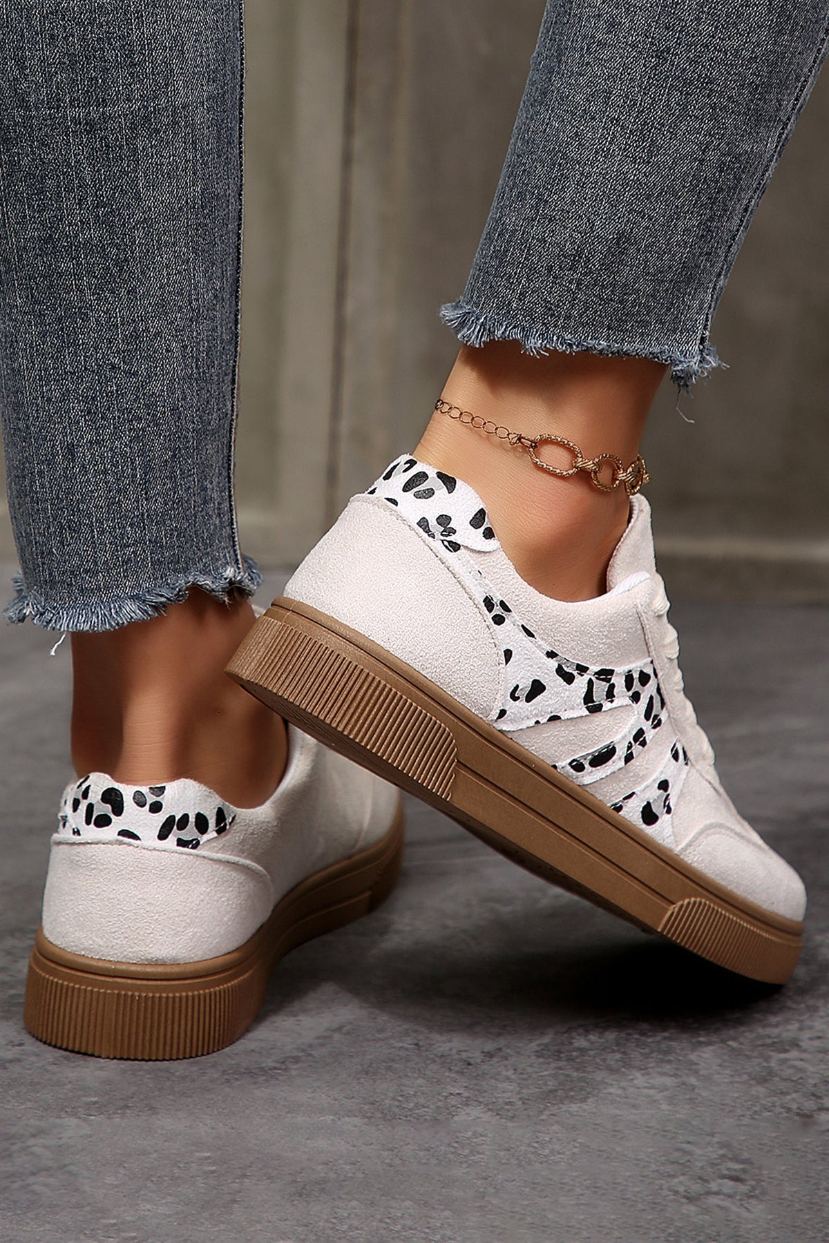 White Suede Leopard Color Block Trim Lace-up Casual Shoes - Pretty Petty Co