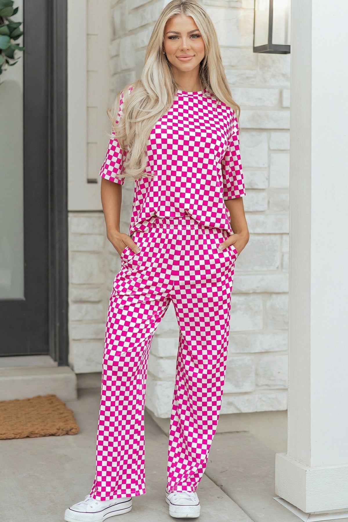 Rose Checkered Print Half Sleeve Tee 2pcs Lounge Pant Set - Pretty Petty Co