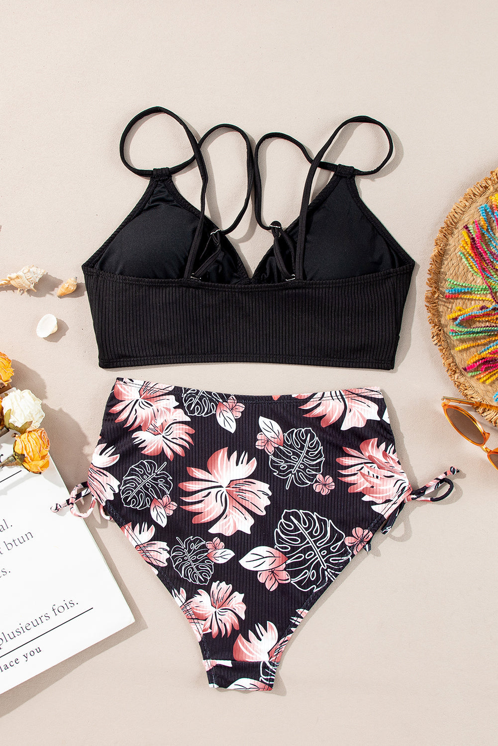 Black Ribbed Knit High Waist 2pcs Bikini Swimsuit - Pretty Petty Co
