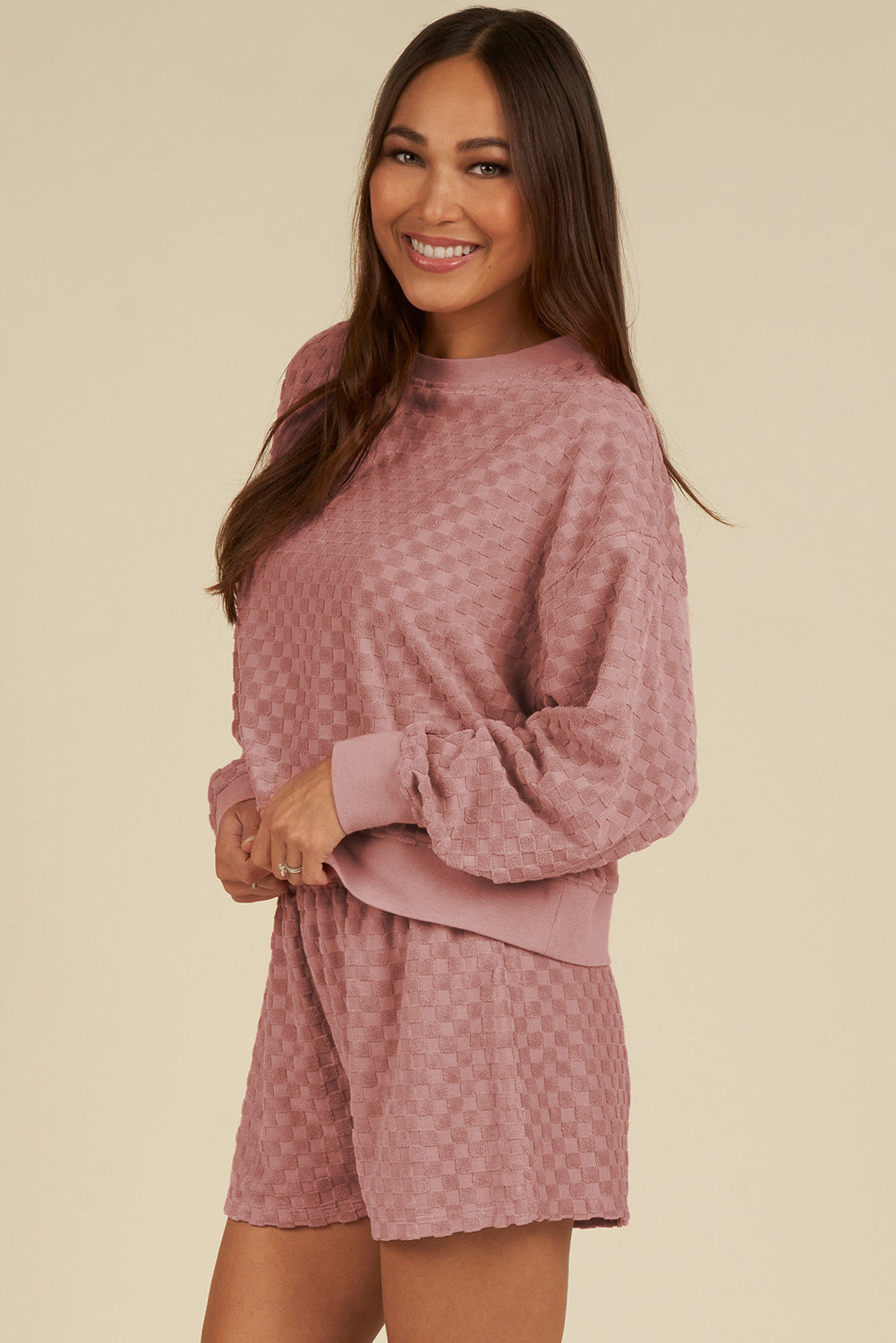 Blossom Checkered Textured Long Sleeve Top and Shorts Set - Pretty Petty Co