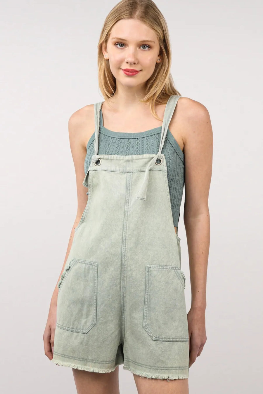 VERY J Washed Frayed Hem Denim Overall - Pretty Petty Co