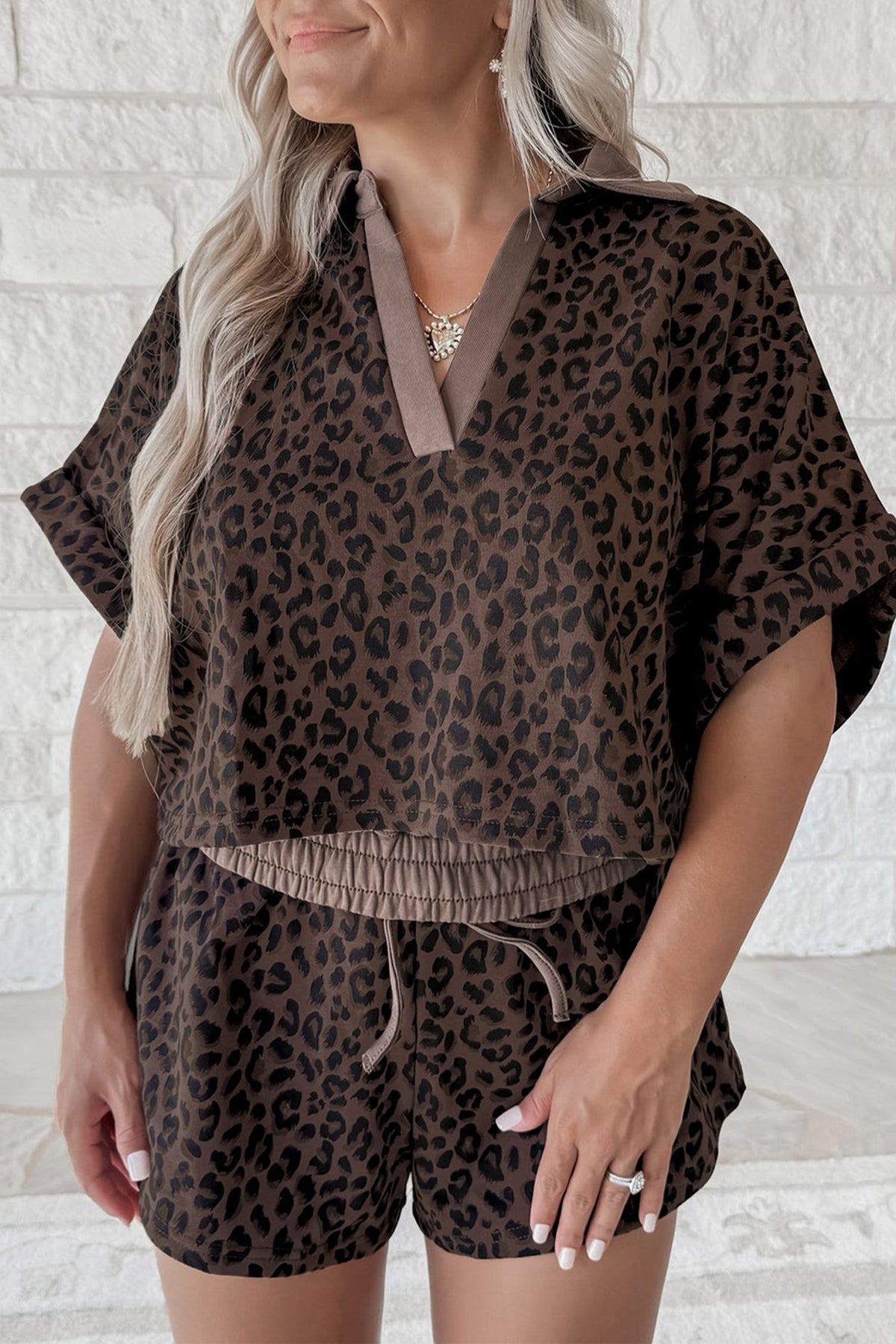 Brown V Neck Collar Leopard Printed 2pcs Short Set - Pretty Petty Co