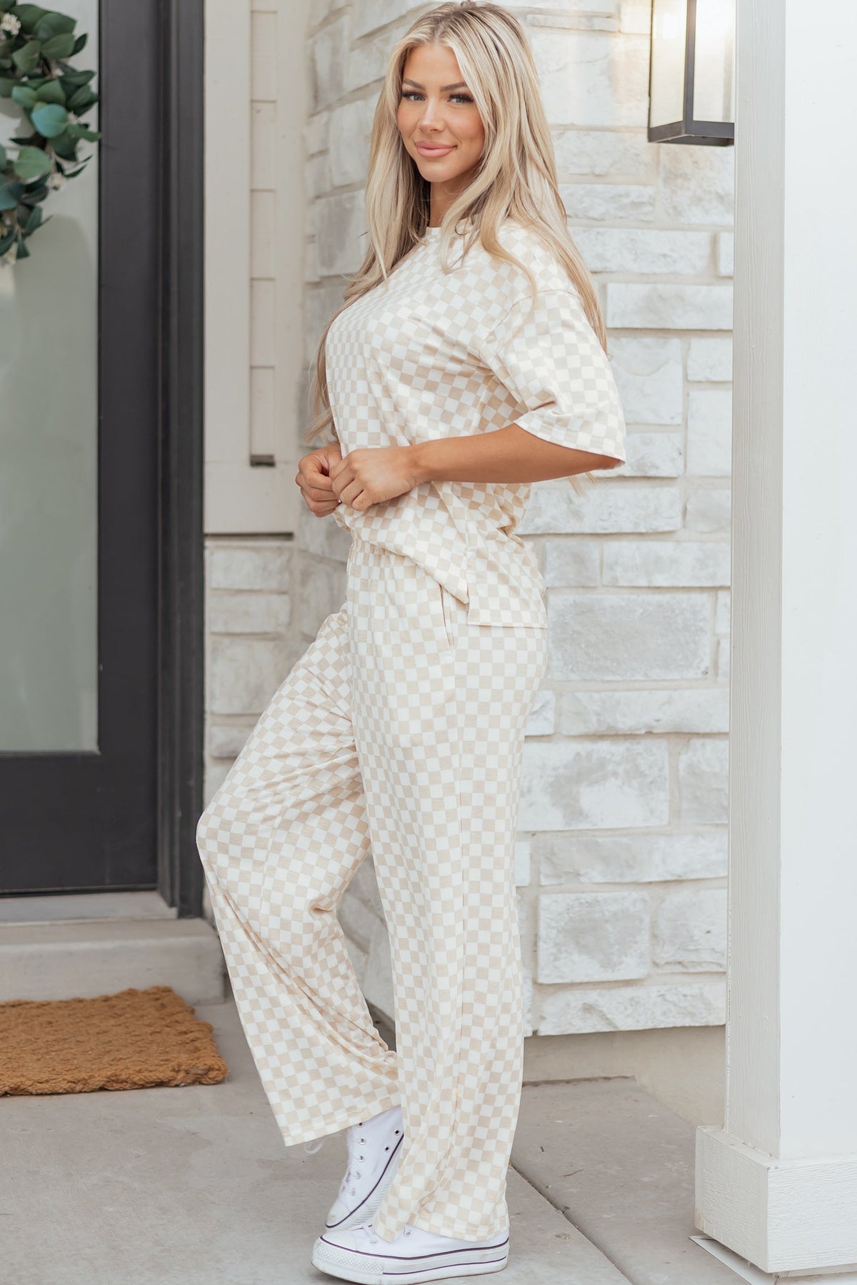 Rose Checkered Print Half Sleeve Tee 2pcs Lounge Pant Set - Pretty Petty Co
