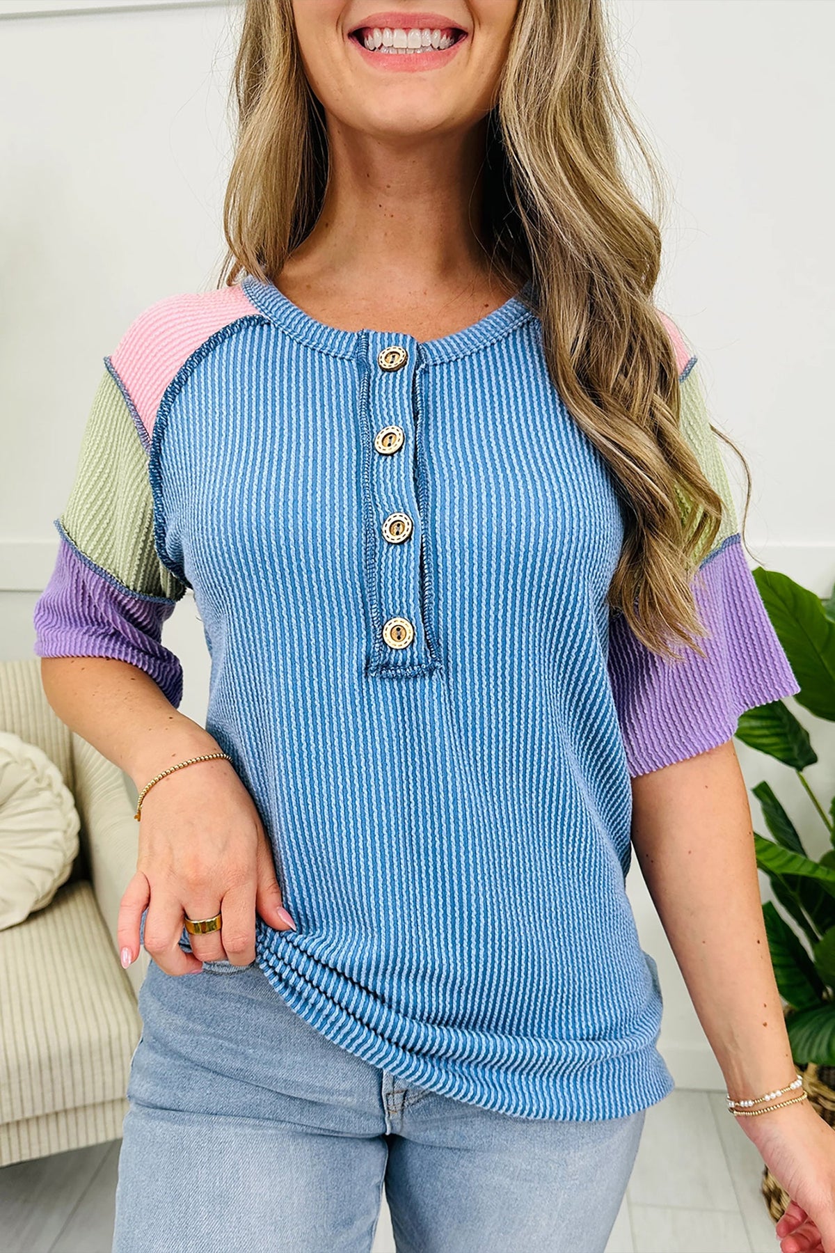 Bright Pink Twisted Ribbed Color Block Patchwork Henley Short Sleeve T Shirt - Pretty Petty Co