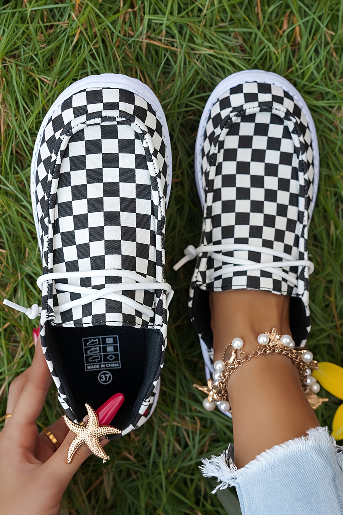 Color black Checkered Print Lace-up Detail Flat Shoes - Pretty Petty Co