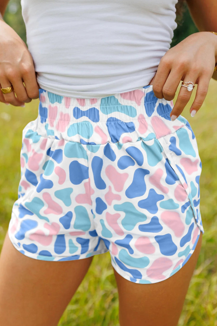 Sky Blue Camouflage Print Shirred High Waist Athleisure Shorts - Pretty Petty Co