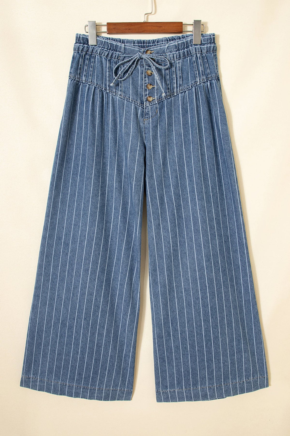 Sky Blue Stripe Button Pleated Drawstring Waist Casual Wide Leg Jeans - Pretty Petty Co