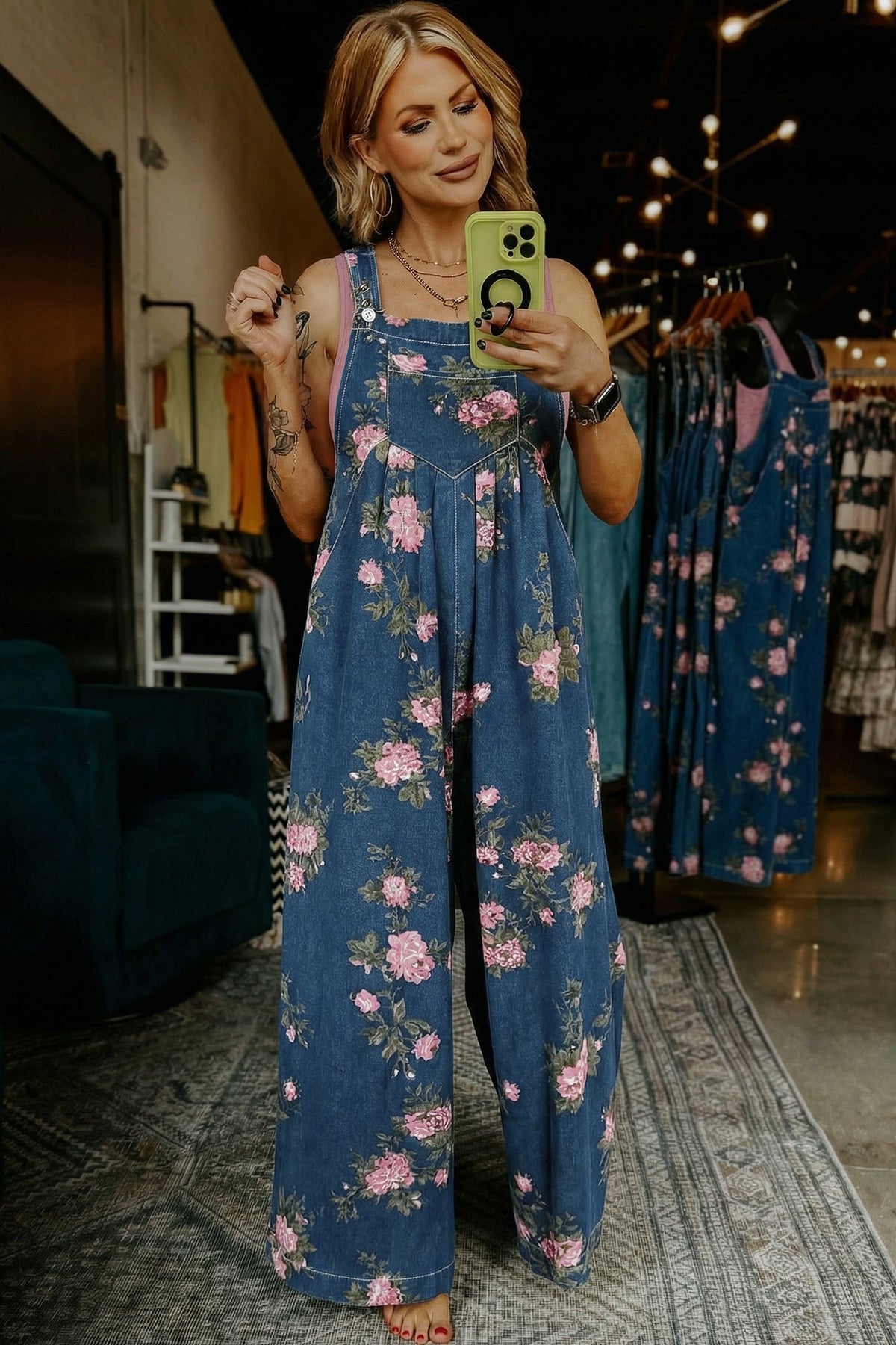 Beau Blue Floral Print Pleated High Waist Wide Leg Denim Jumpsuit - Pretty Petty Co