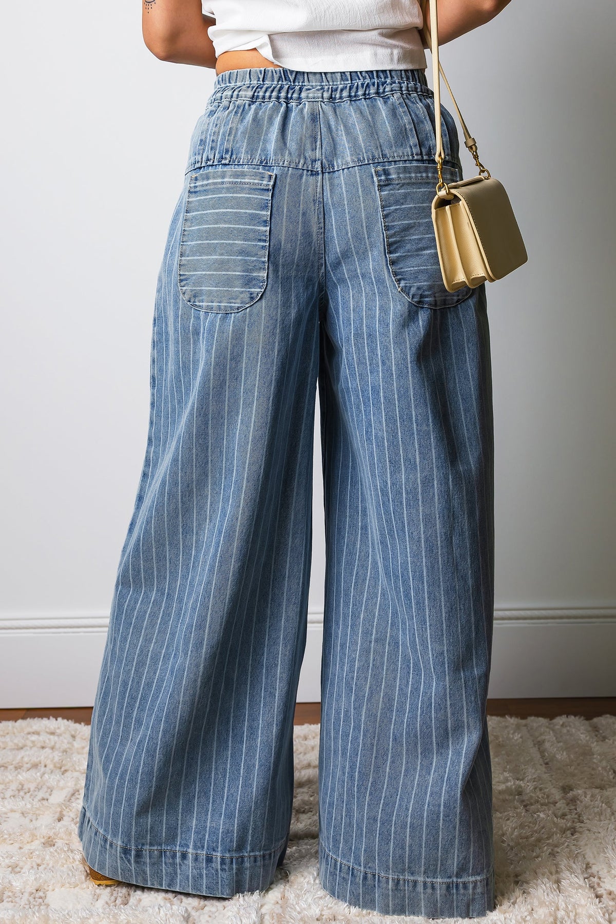 Sky Blue Stripe Button Pleated Drawstring Waist Casual Wide Leg Jeans - Pretty Petty Co