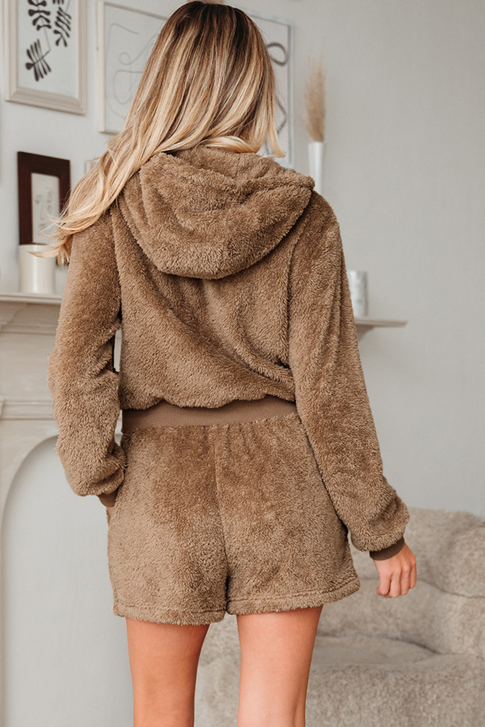 Parchment Zip Up Hoodie Drawstring Shorts Sherpa 2pcs Outfit - Pretty Petty Co