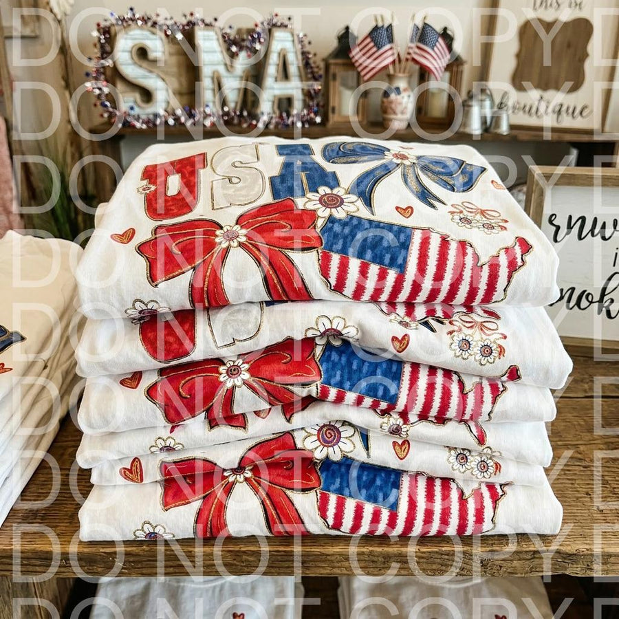 USA Coquette Bow Graphic Tee, Patriotic Aesthetic Shirt, Fourth of July Cute Design - Pretty Petty Co