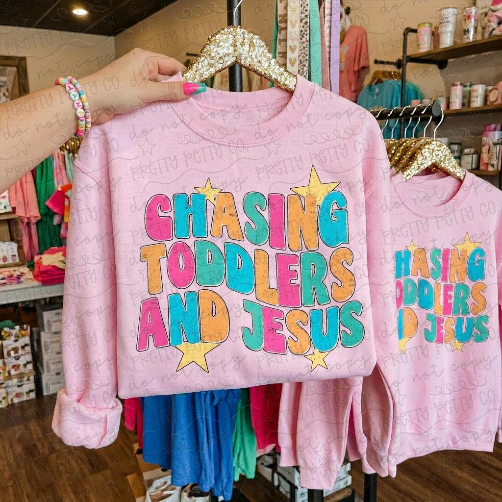 Chasing Toddlers and Jesus Graphic Tee & Sweatshirt – Funny Mom Life Christian Shirt, Gildan Light Pink - Pretty Petty Co