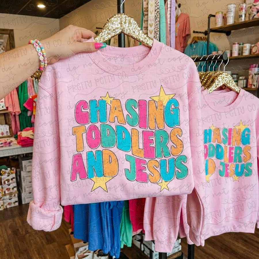 Chasing Toddlers and Jesus Graphic Tee & Sweatshirt – Funny Mom Life Christian Shirt, Gildan Light Pink - Pretty Petty Co