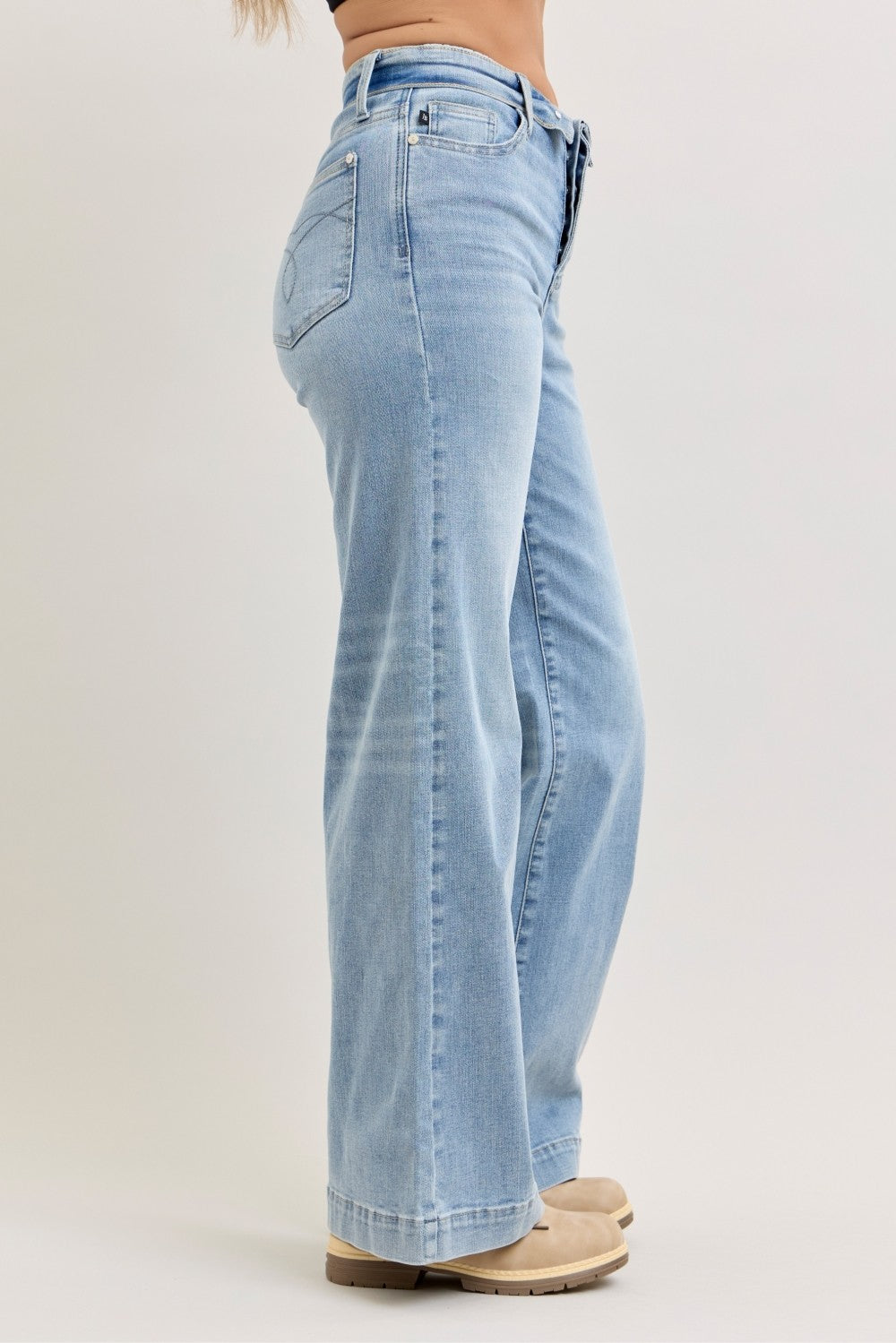 Judy Blue Mid Rise Retro Wide Leg Jeans with Fold-over Waistband - Pretty Petty Co