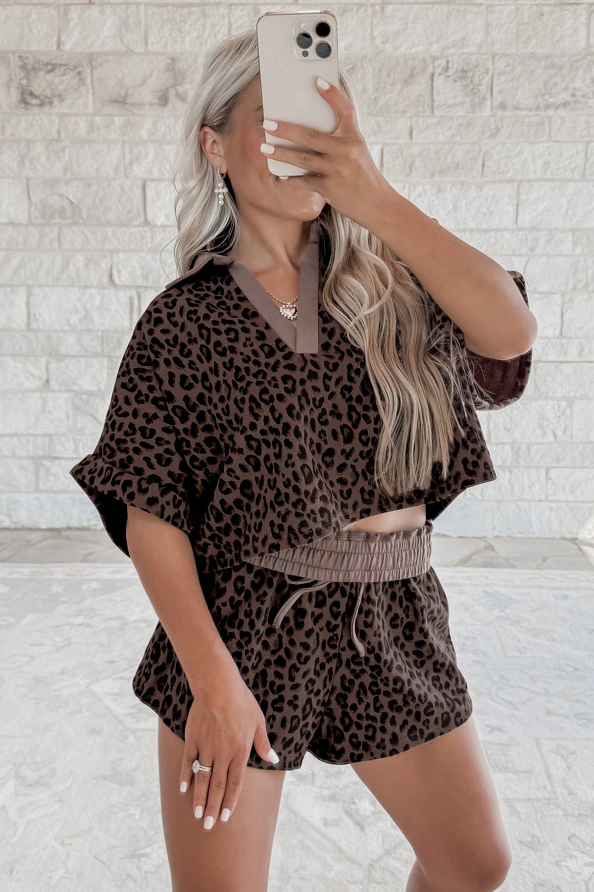 Brown V Neck Collar Leopard Printed 2pcs Short Set - Pretty Petty Co