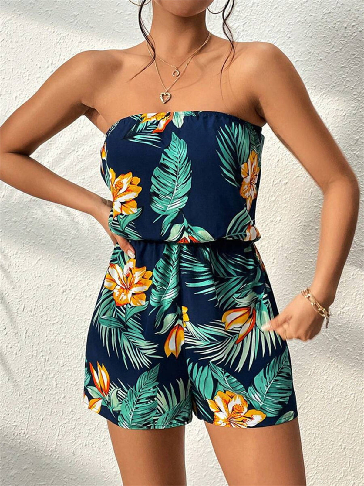 Tropical Print Strapless Elastic Waist Romper - Pretty Petty Co