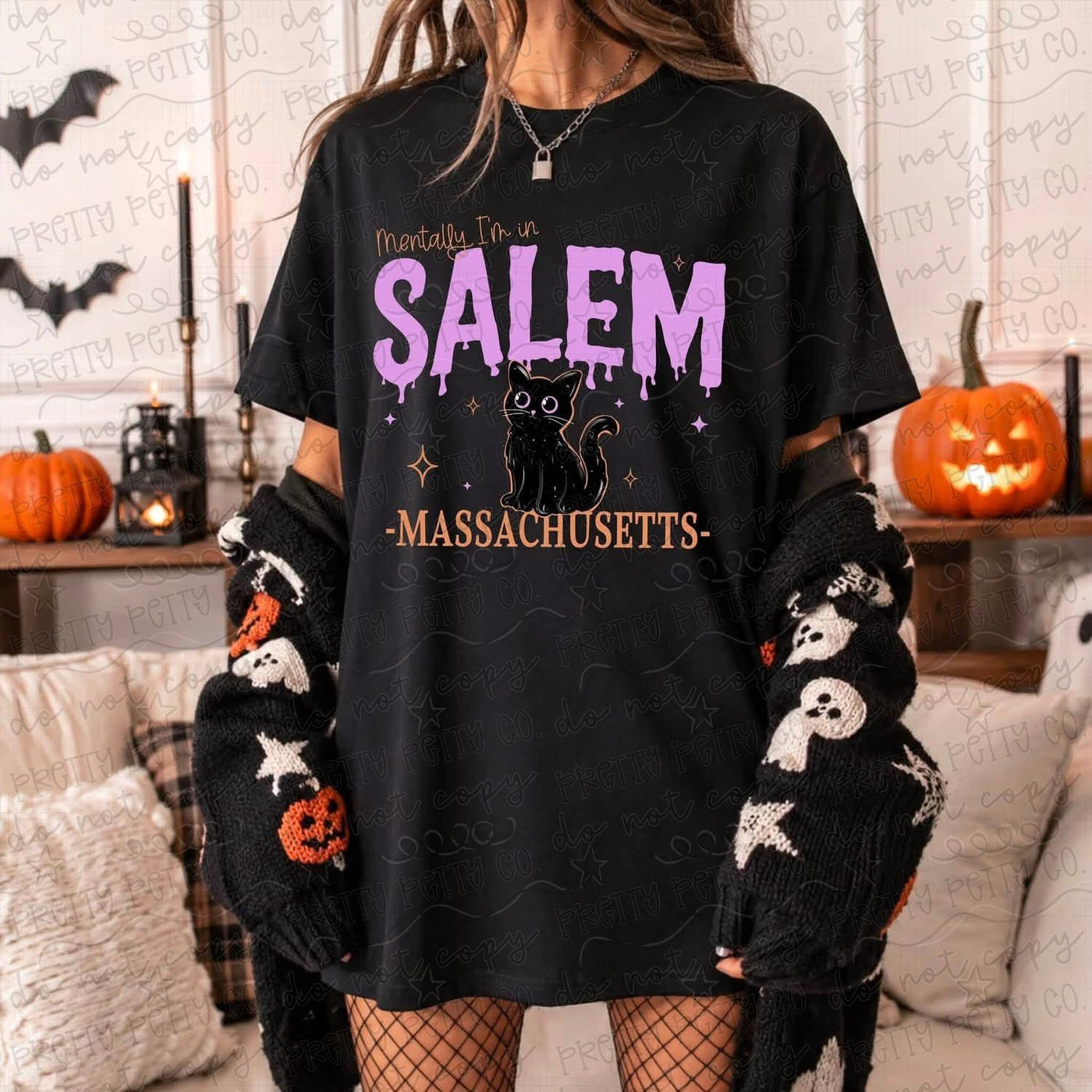 Mentally I’m in Salem Massachusetts Graphic Tee | Spooky Black Cat Halloween Shirt | Salem Witchy Fall Tee