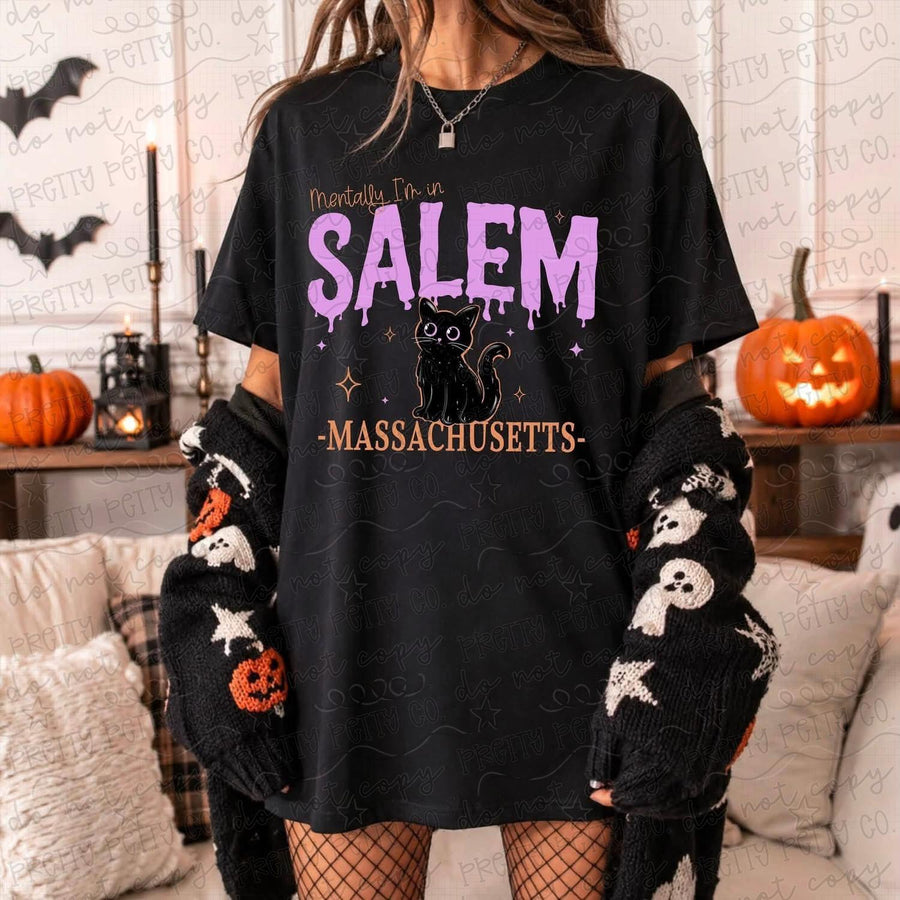 Mentally I’m in Salem Massachusetts Graphic Tee | Spooky Black Cat Halloween Shirt | Salem Witchy Fall Tee