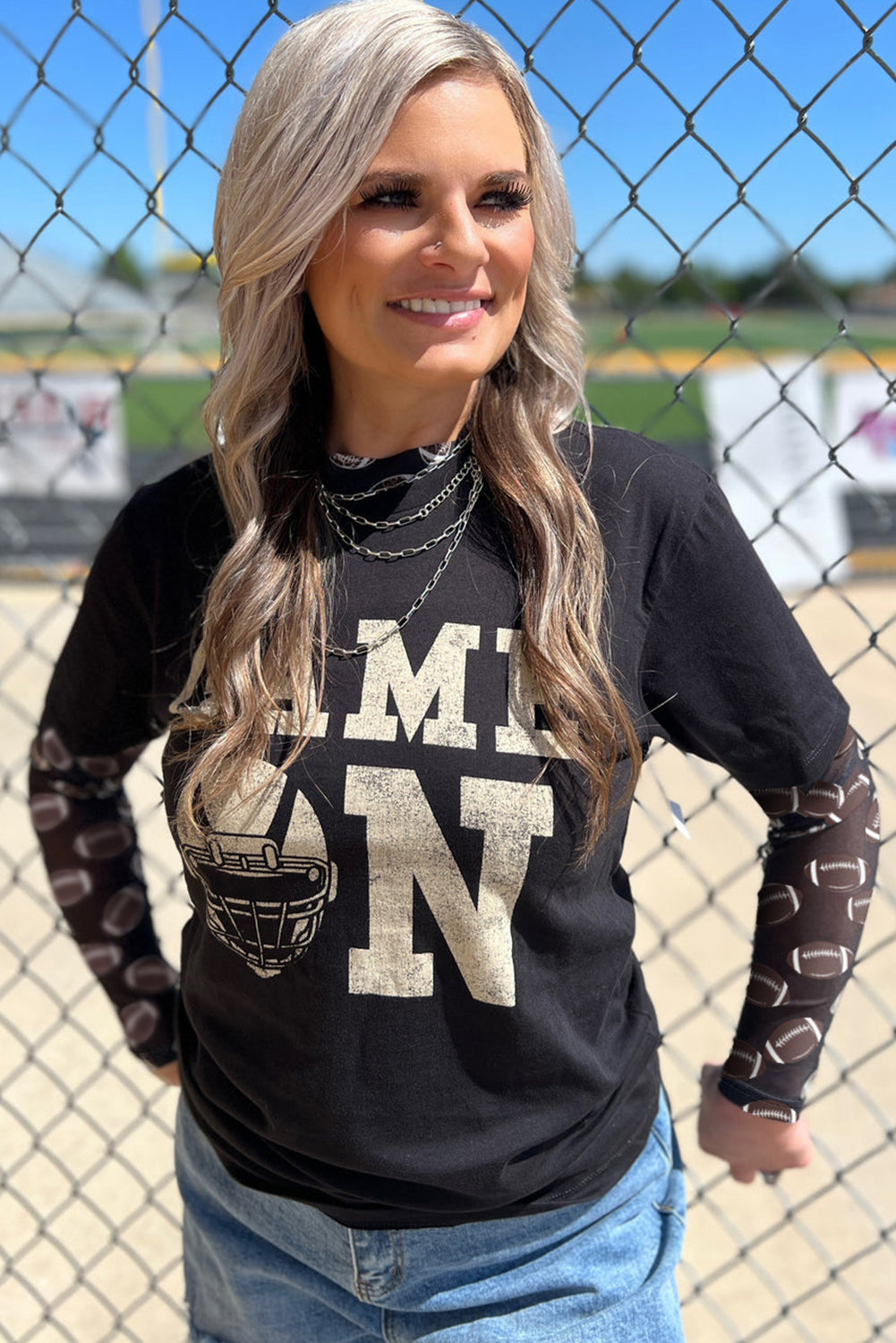 Brown Game Day Football Mesh Sheer Long Sleeve Top - Pretty Petty Co
