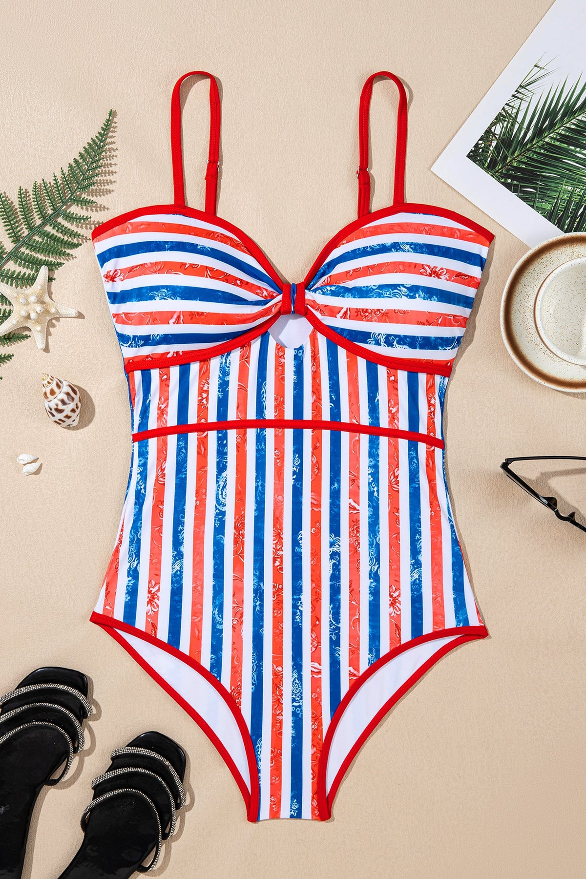 Red July 4th Stripes Star Floral Impression Cutout Spaghetti Straps One Piece Swimsuit - Pretty Petty Co