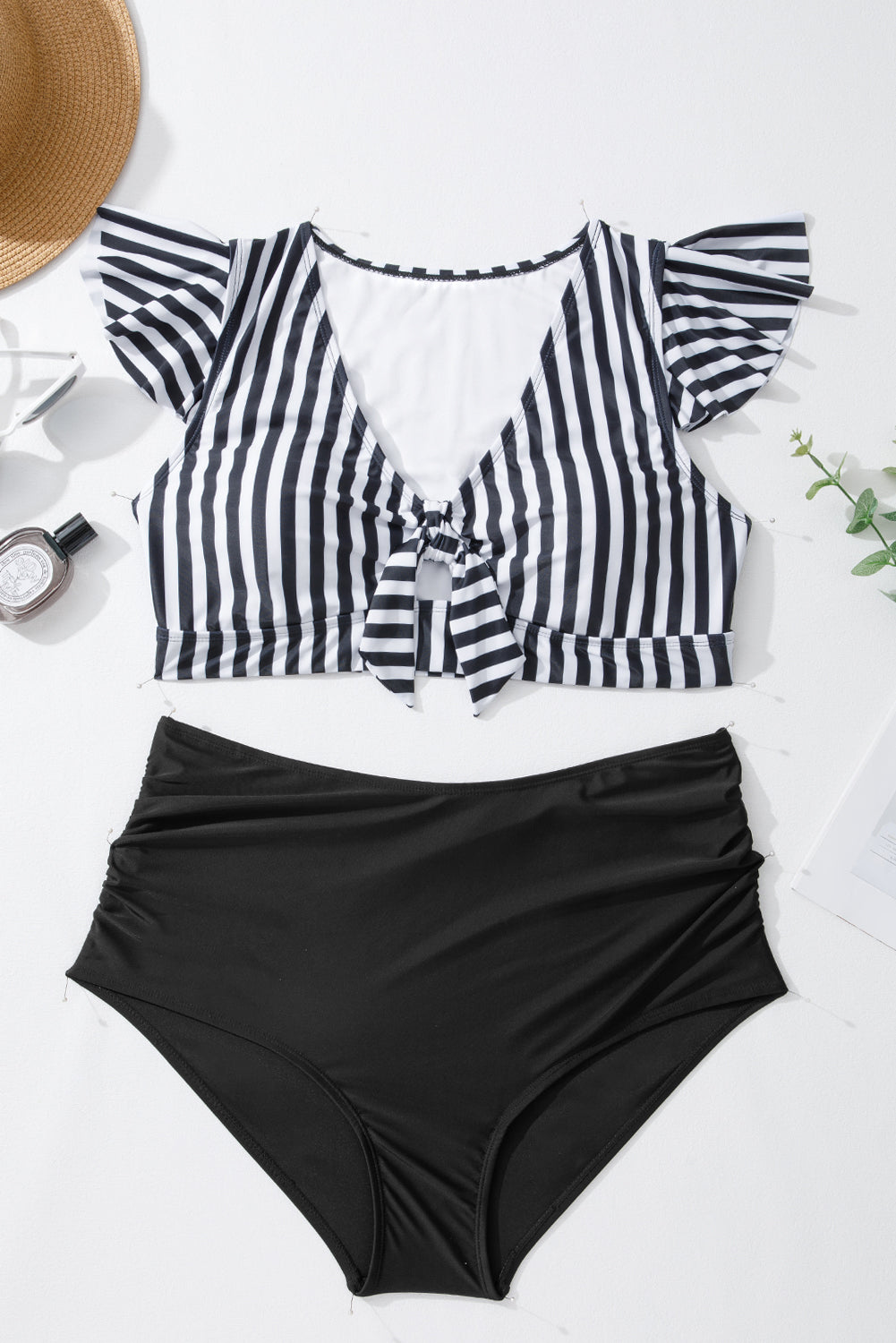 Black Stripe Plus Size Knot Cutout Ruffle Sleeve and High Waisted 2pcs Swimsuit - Pretty Petty Co