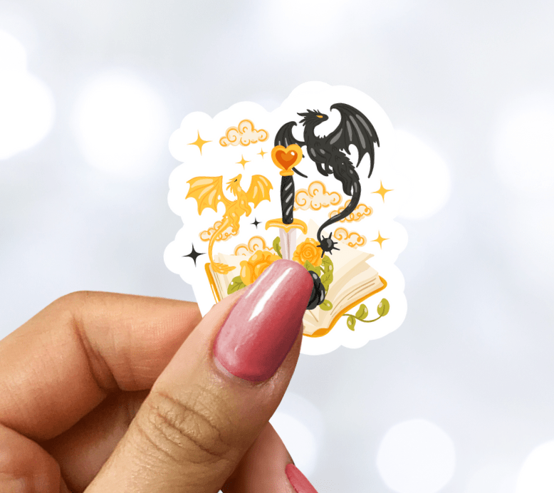 Fourth Wing Inspired Book Dagger and Dragons Sparkle Vinyl Sticker – Durable Waterproof Bookish Decal - Pretty Petty Co