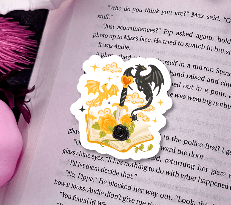 Fourth Wing Inspired Book Dagger and Dragons Sparkle Vinyl Sticker – Durable Waterproof Bookish Decal - Pretty Petty Co