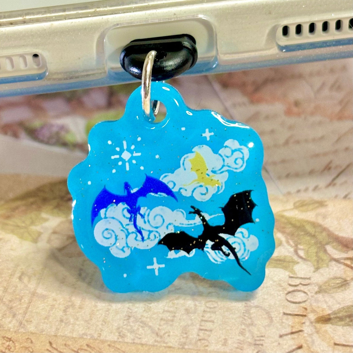 Fourth Wing Inspired Dragons Glow in the Dark Sparkle Double Sided USB-C Dust Plug Kindle Charm - Pretty Petty Co