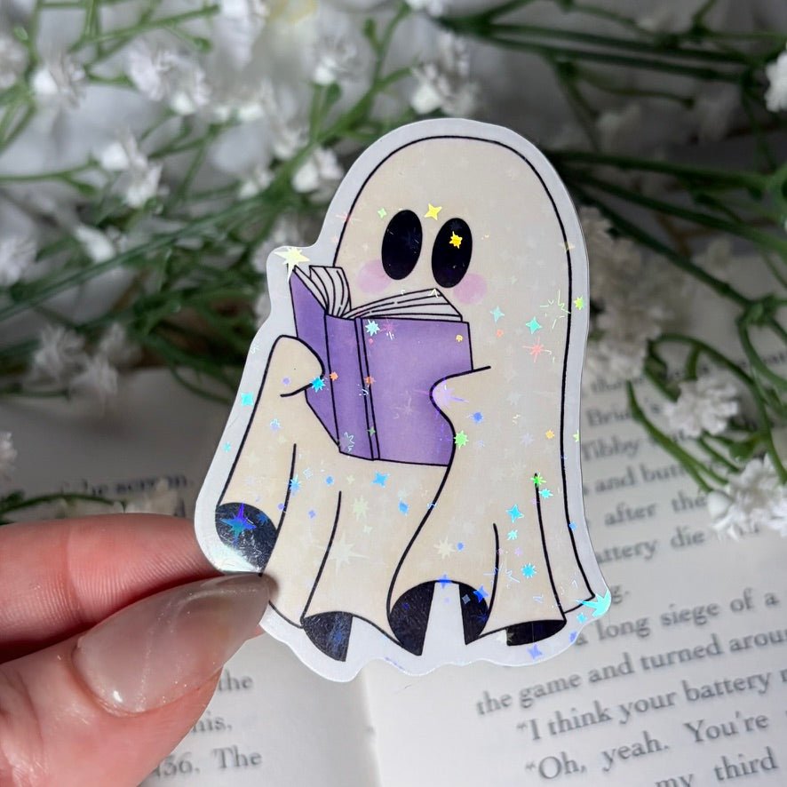 Ghost with Book 2.5-inch Sparkle Star Sticker - Pretty Petty Co