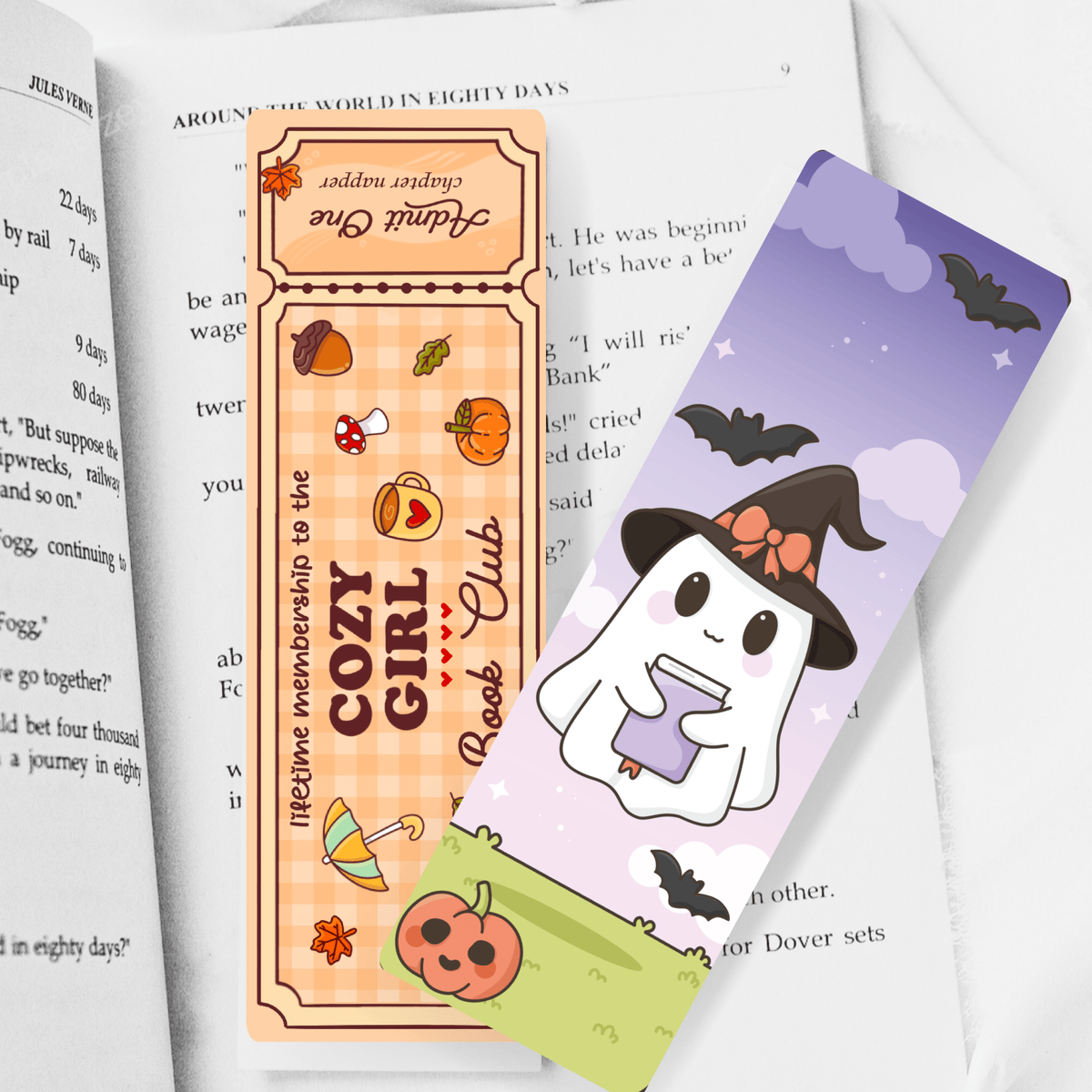 Ghost with Book/Cozy Girl Book Club Ticket Dual-Sided Matte Cardstock Bookmark
