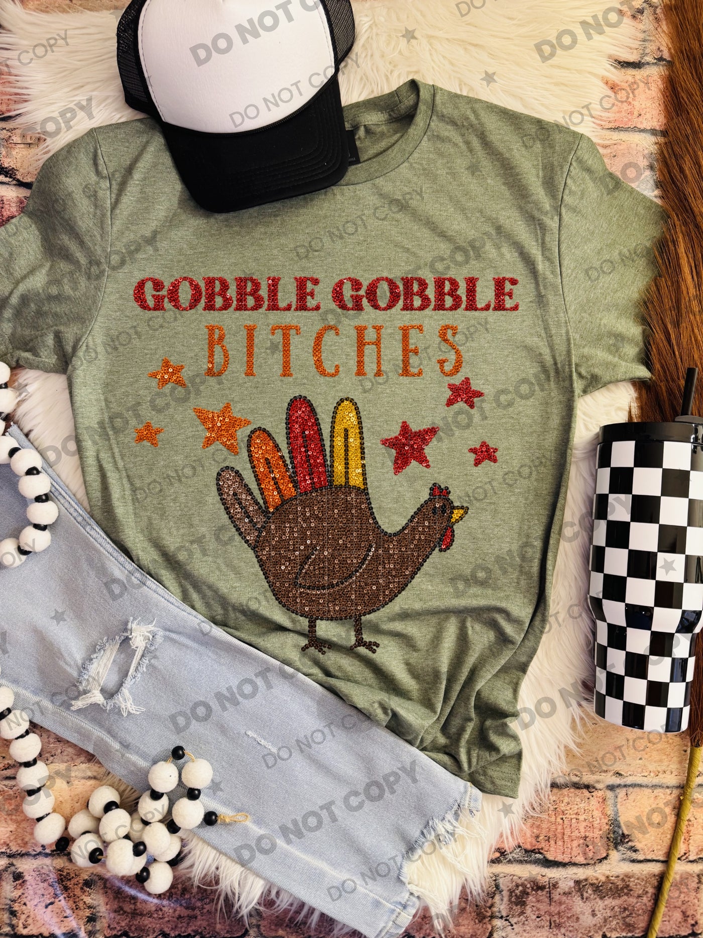 Gobble Gobble Bitches Thanksgiving Graphic Tee – Funny Sequin Turkey Shirt