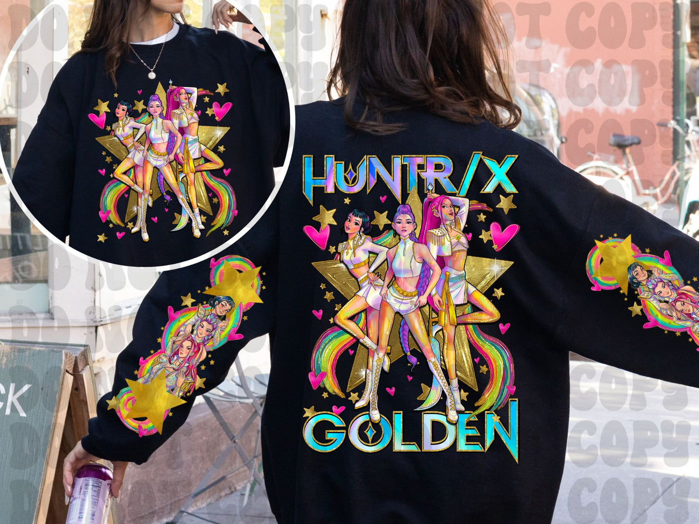 Golden Girl Group Colorful Graphic Sweatshirt | Pop Star Inspired Front Back Sleeve Print | Color Pop Collection