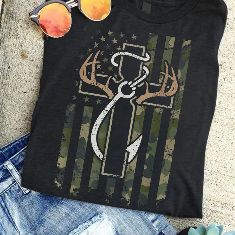 Fishing Hook Camo Cross Shirt | Angler Graphic Tee | Outdoor Sports T-Shirt - Pretty Petty Co