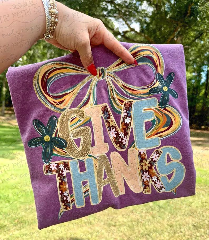 Give Thanks Graphic Tee | Retro Fall Bow Shirt | Colorful Thanksgiving T-Shirt
