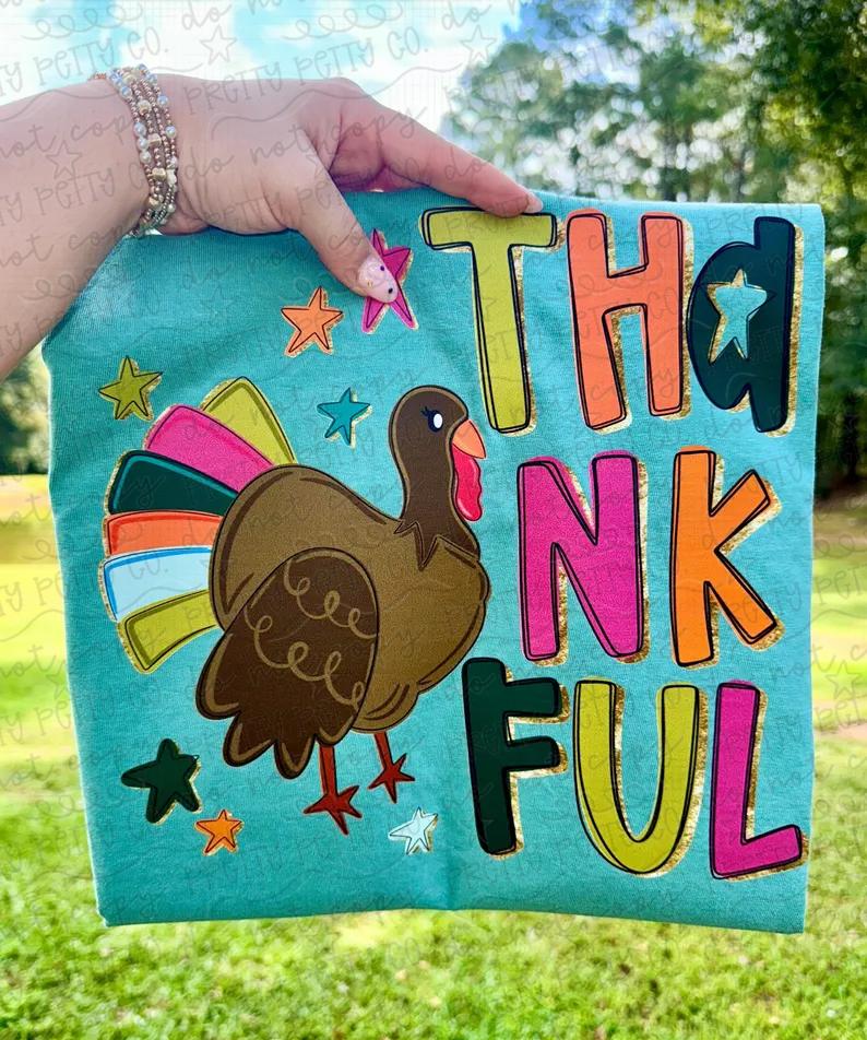 Thankful Turkey Graphic Tee | Colorful Thanksgiving Shirt | Retro Turkey Fall Tee