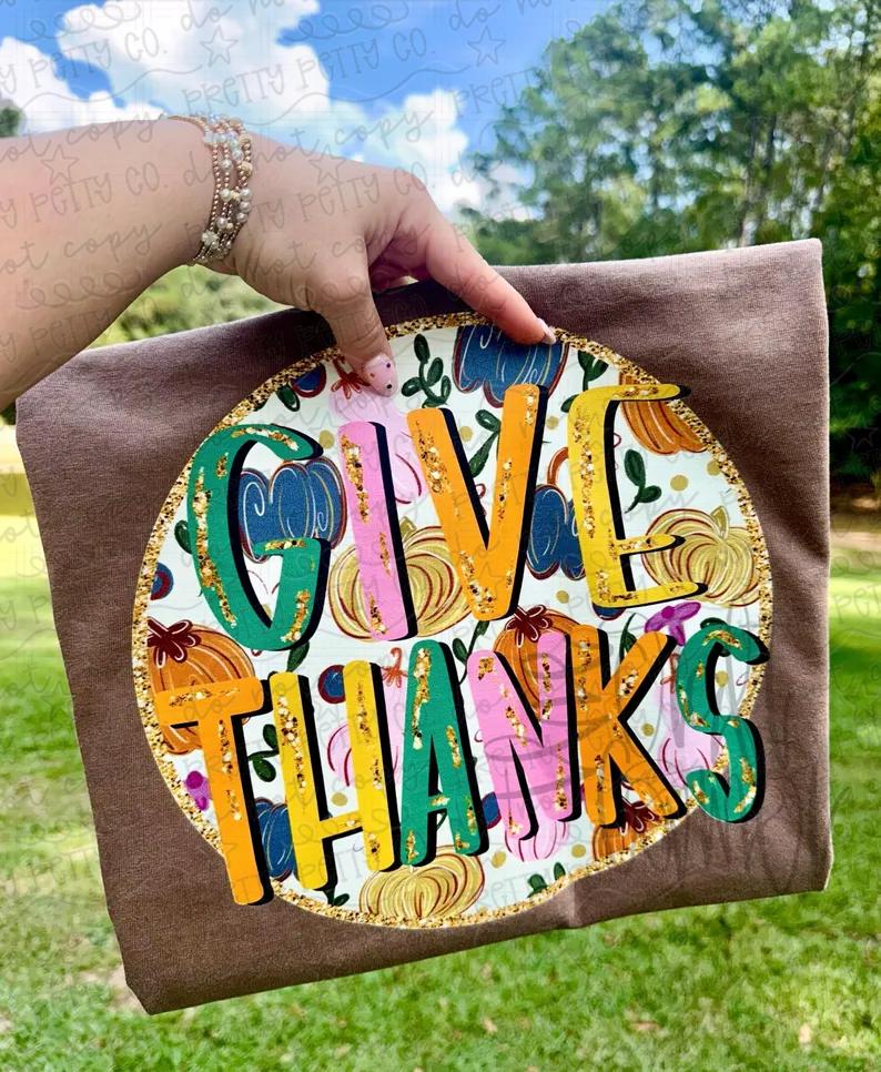 Give Thanks Graphic Tee | Colorful Pumpkin Thanksgiving Shirt | Retro Fall Tee