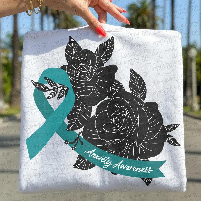 Anxiety Awareness Teal Ribbon Floral Graphic Tee – Mental Health Support Shirt