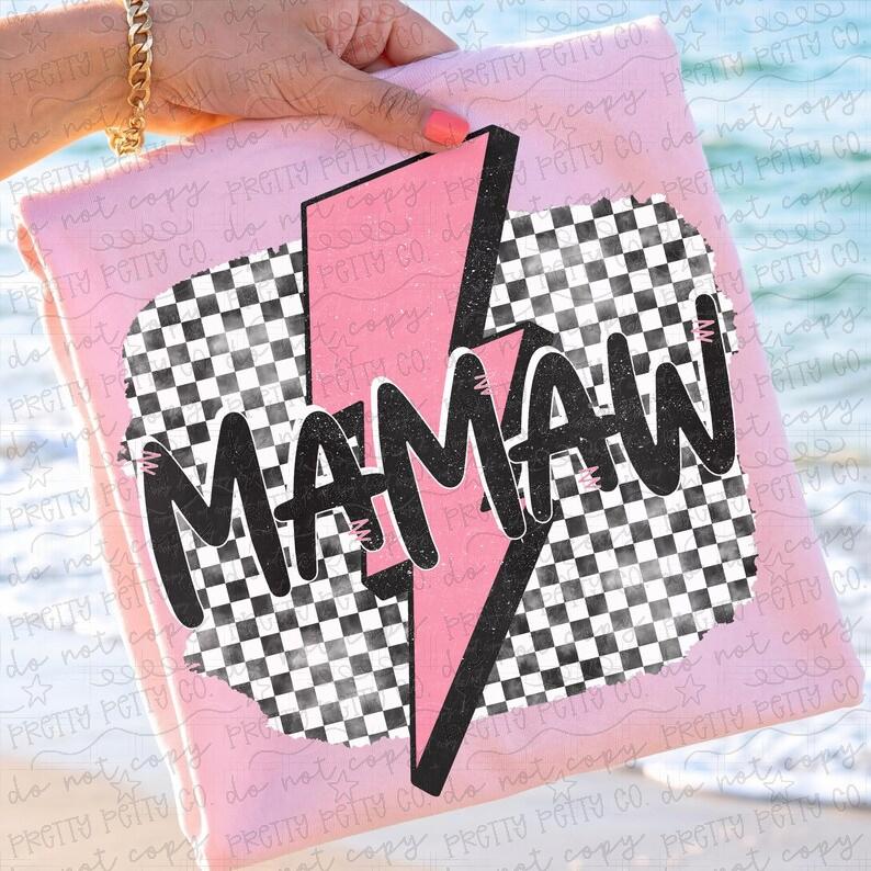 MAMAW Retro Checkered Heart Graphic Tee – Pink Lightning Bolt Grandma Shirt