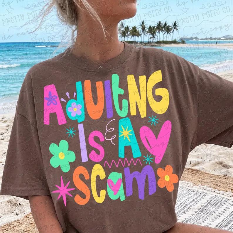 Adulting Is a Scam Colorful Retro Graphic Tee – Funny Comfort Colors Shirt
