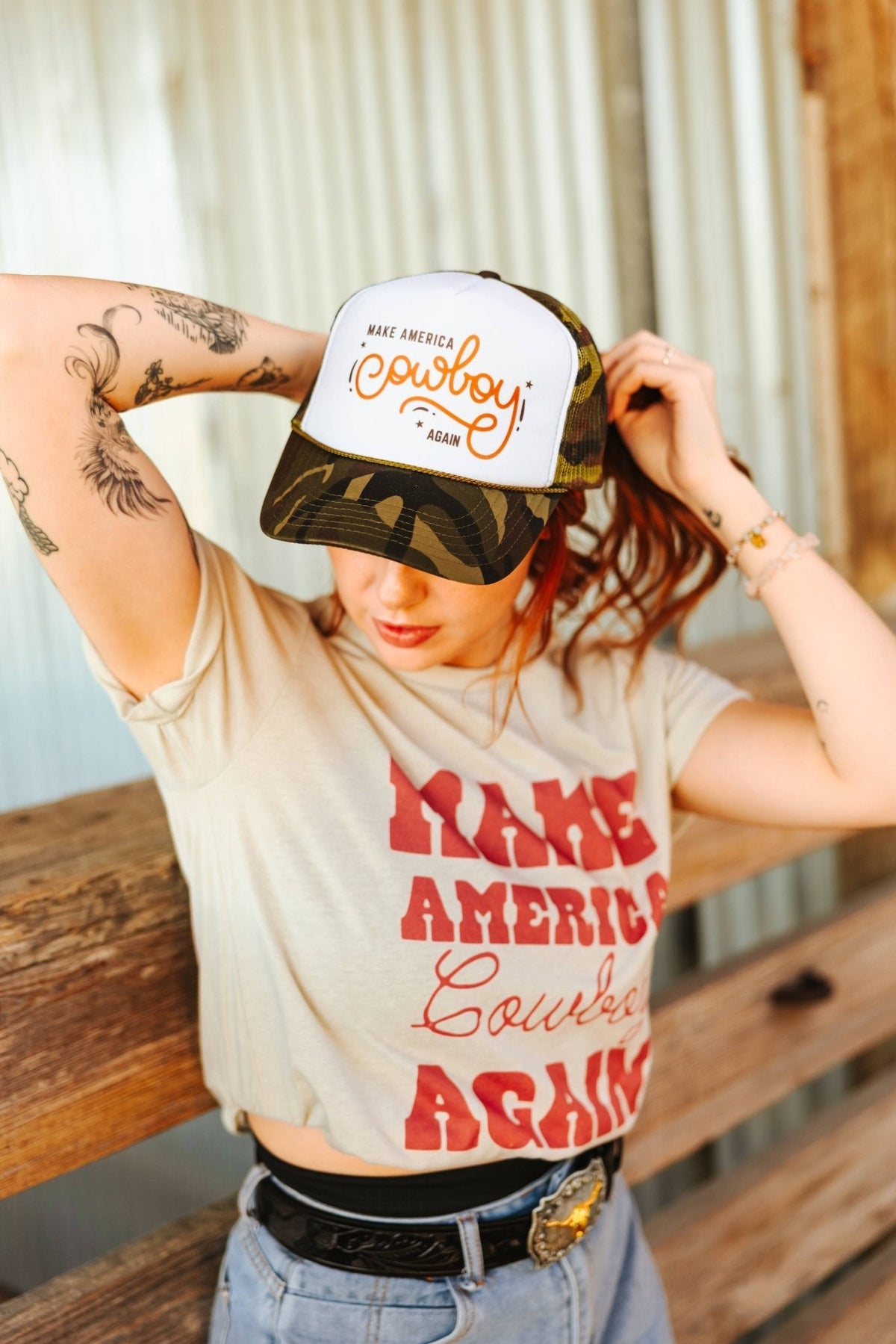 Make America Cowboy Again Camo Trucker Hat - Pretty Petty Co