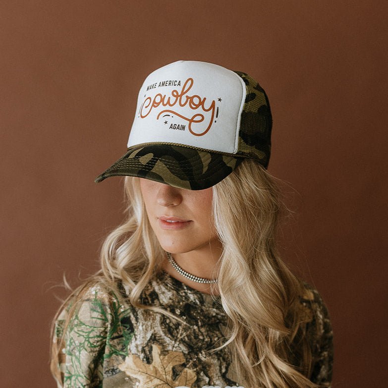 Make America Cowboy Again Camo Trucker Hat - Pretty Petty Co