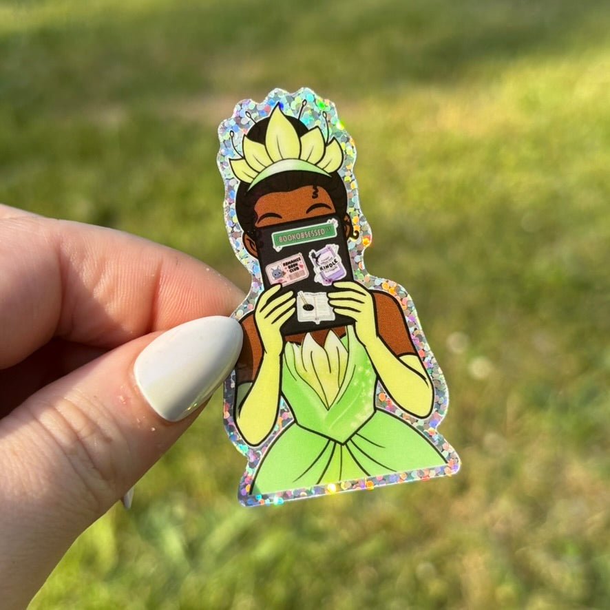 Princess Reading a Kindle Green Edition Glitter Sticker - Pretty Petty Co