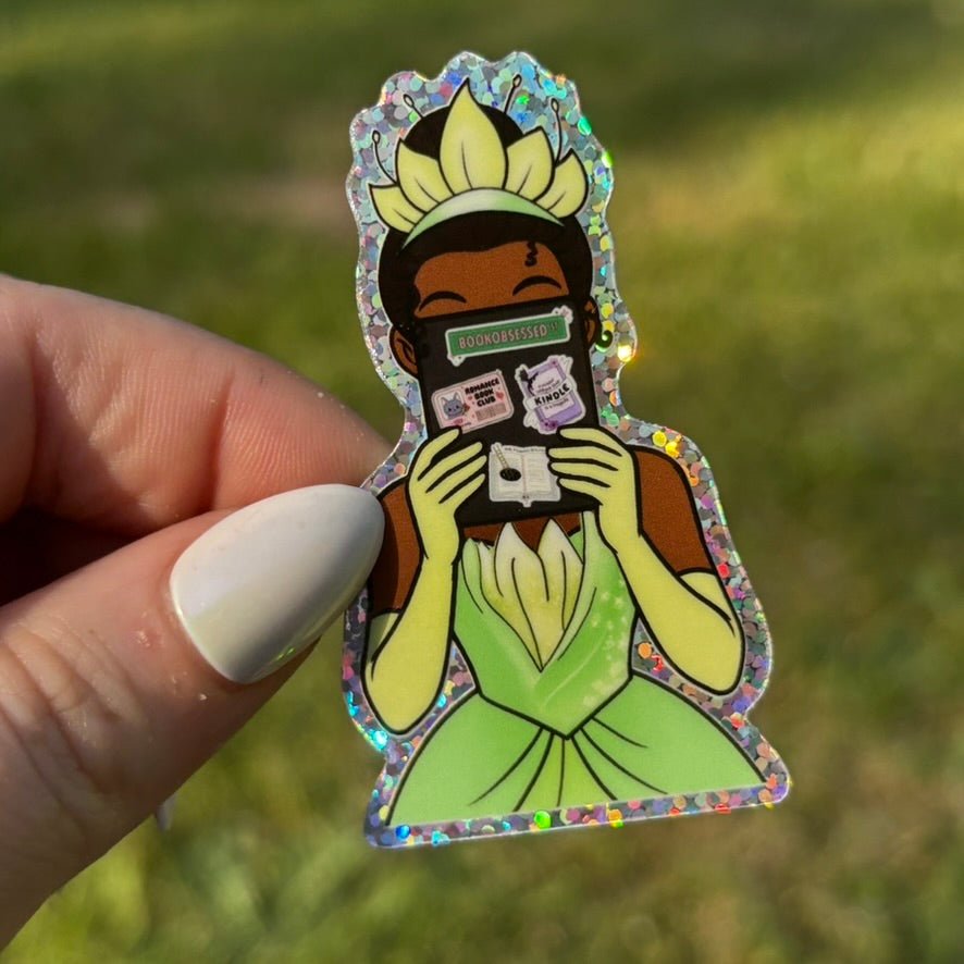 Princess Reading a Kindle Green Edition Glitter Sticker - Pretty Petty Co