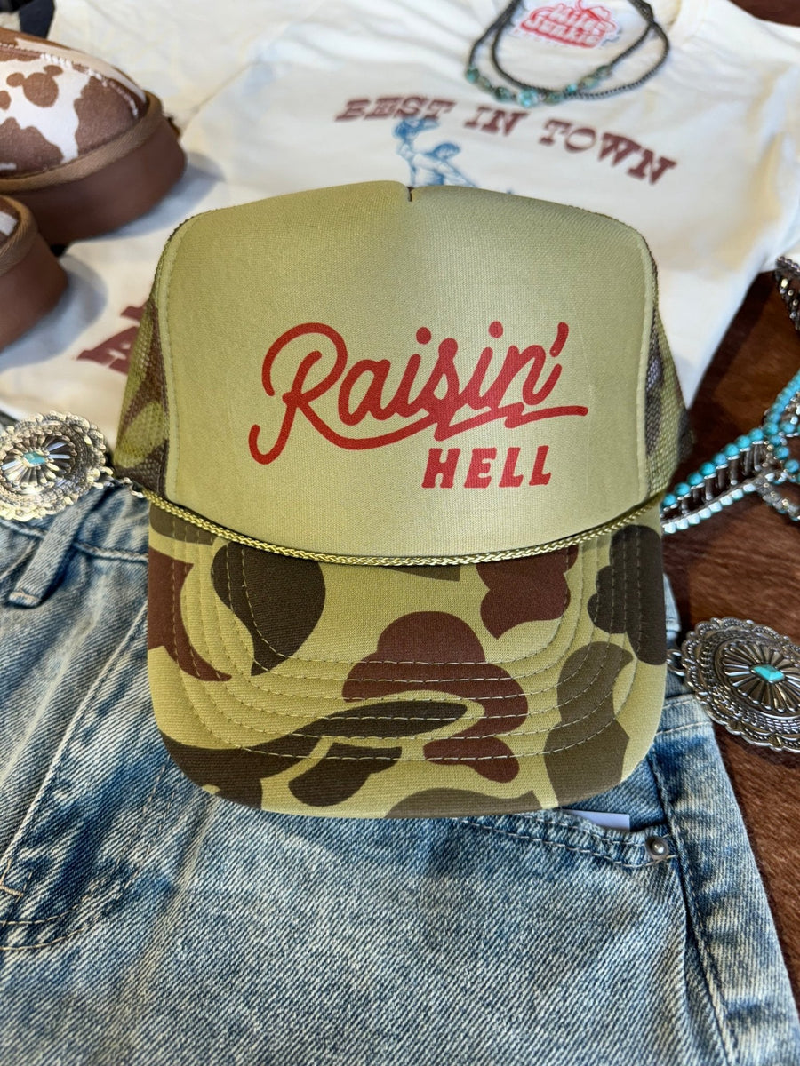 Raisin' Hell Green Camo Trucker Hat - Pretty Petty Co