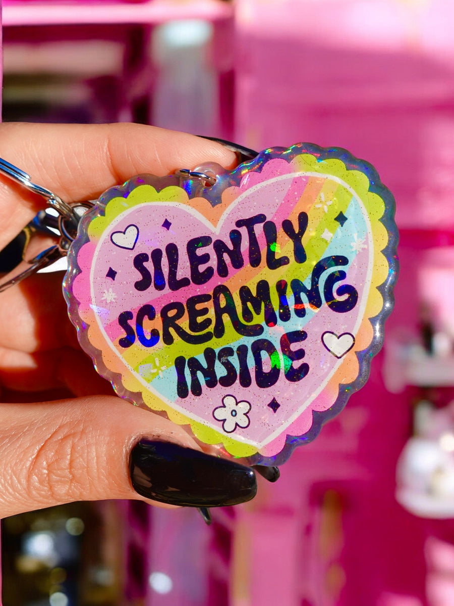 Silently Screaming Inside Holographic Heart Holographic Keychain - Pretty Petty Co