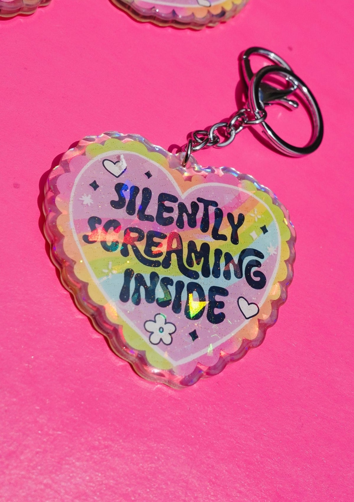 Silently Screaming Inside Holographic Heart Holographic Keychain - Pretty Petty Co