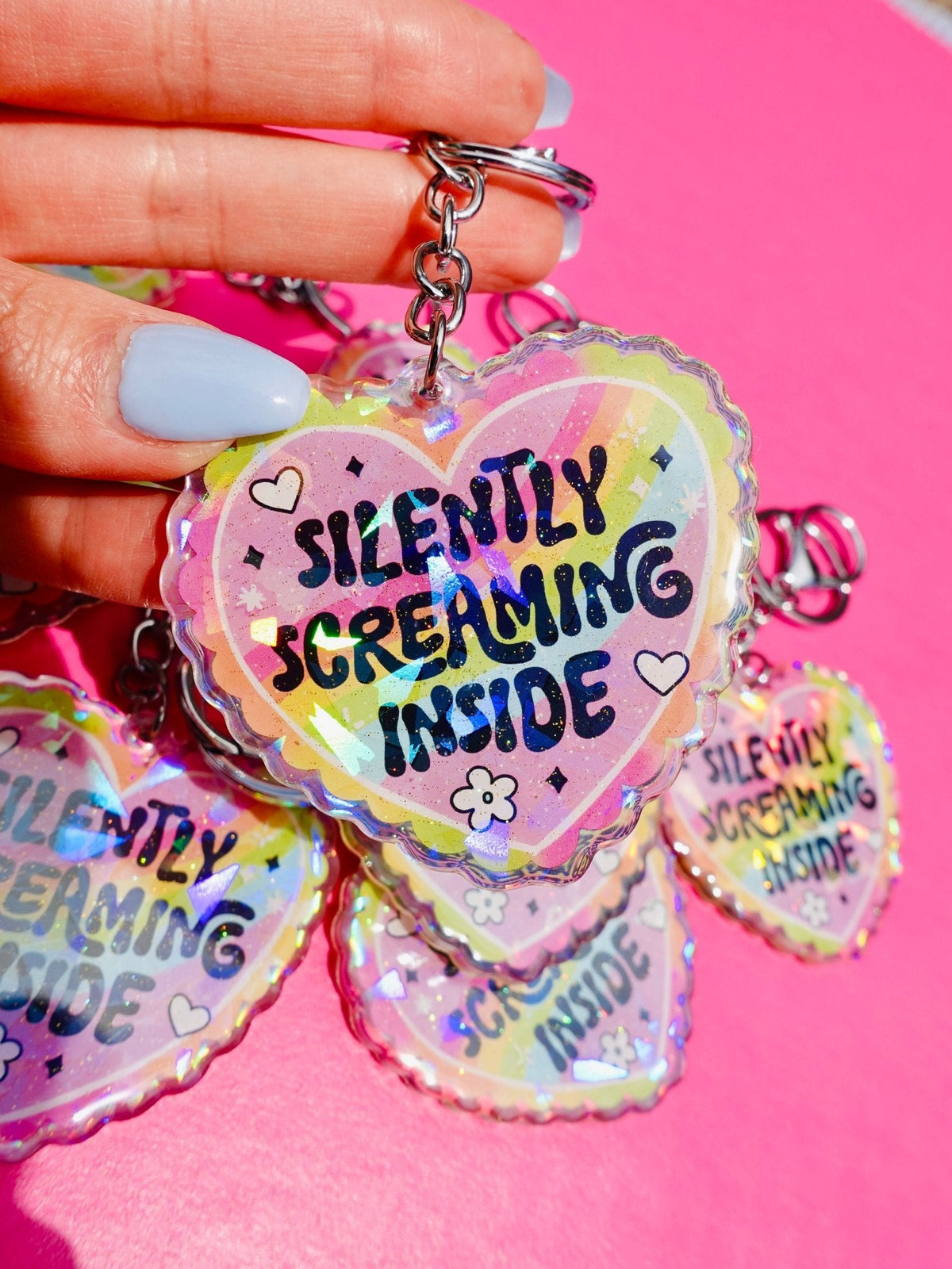 Silently Screaming Inside Holographic Heart Holographic Keychain - Pretty Petty Co